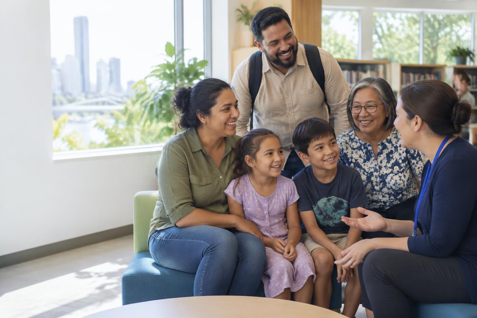 A family speaking with a community support worker in a welcoming space